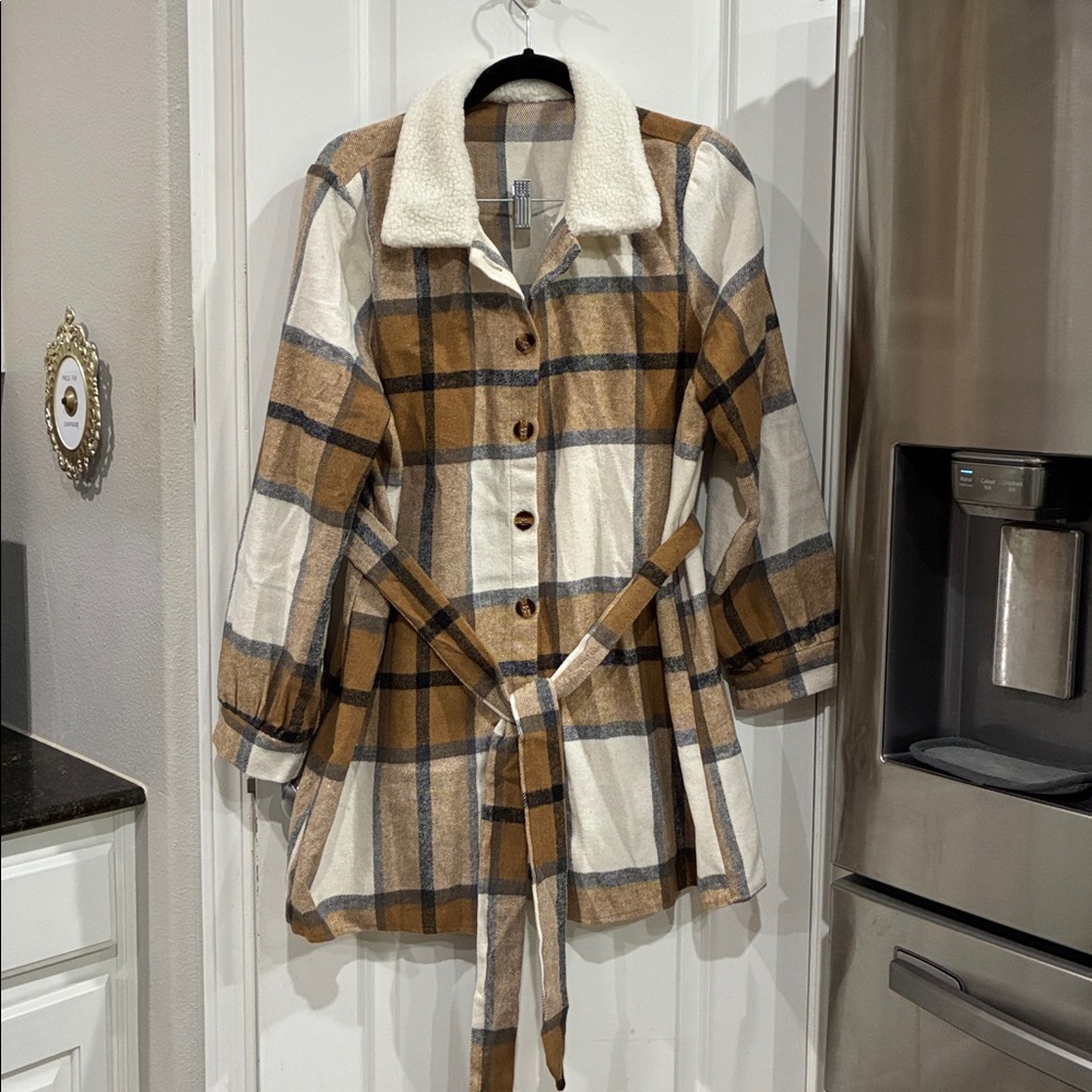 Plaid Button-Up Coat with Belt